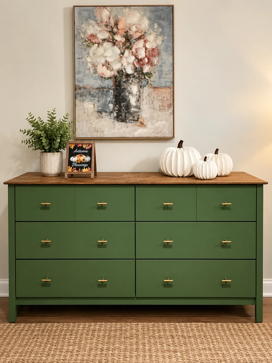 Green Eight-Drawer Dresser with Gold Handles