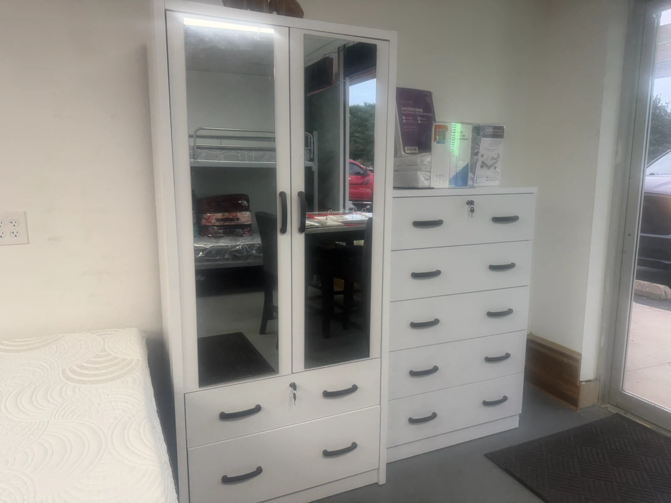 White Bedroom Set with Mirrored Wardrobe and Chest