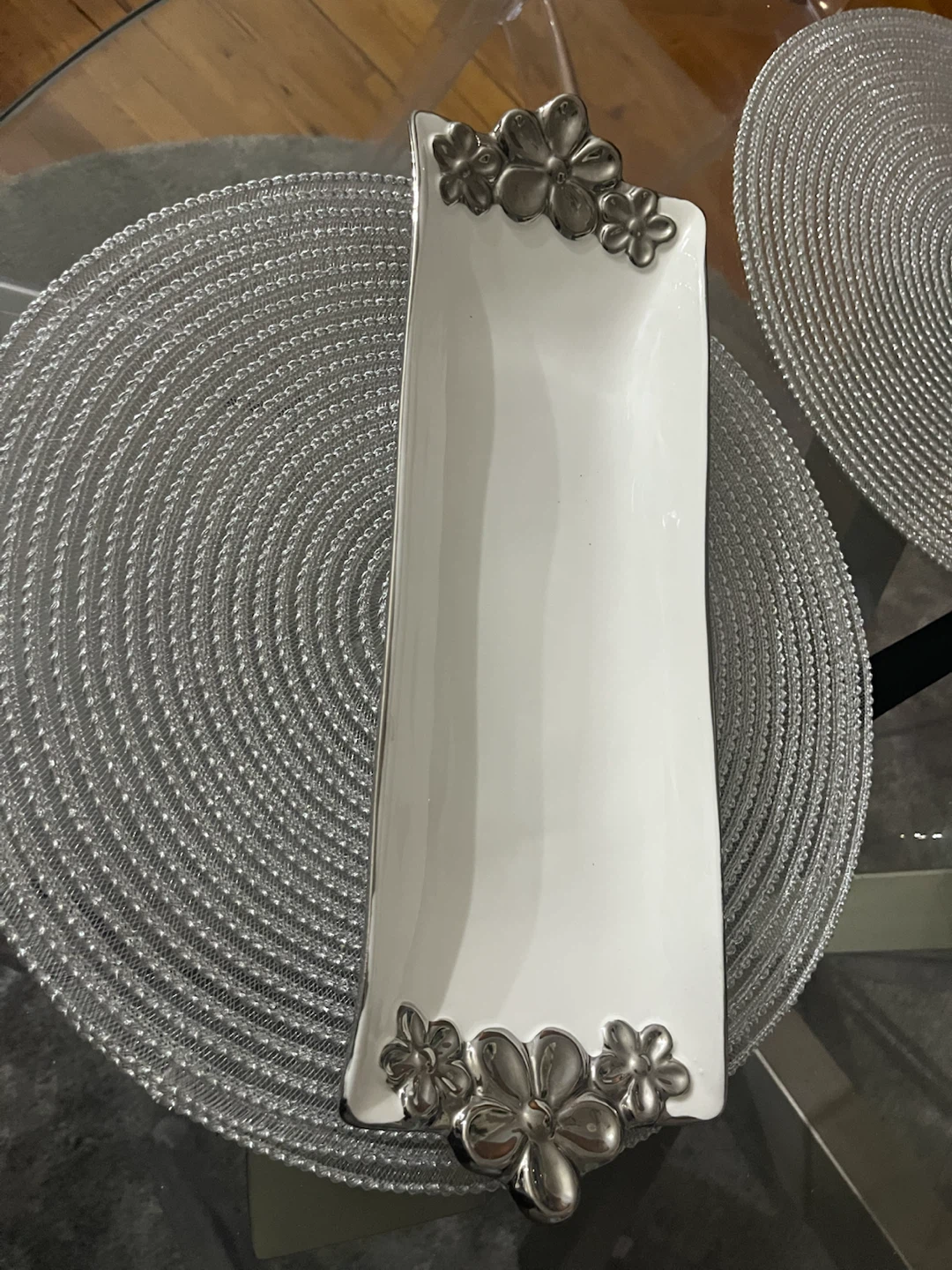 White and Silver Floral Rectangular Serving Tray