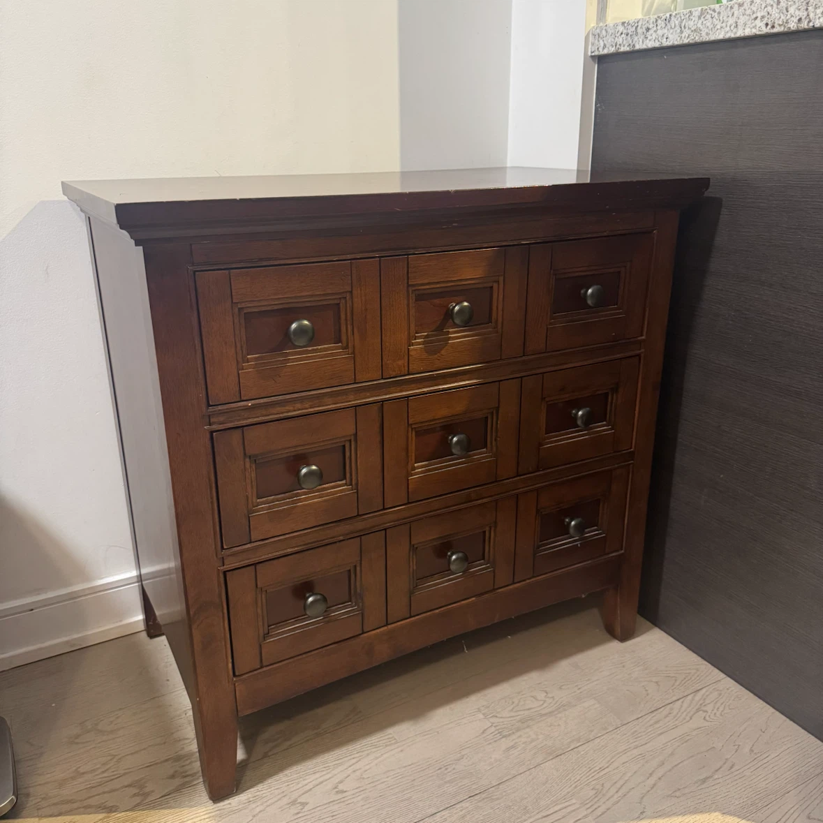 Dark Brown Wooden Dresser Nightstand with Three Drawers