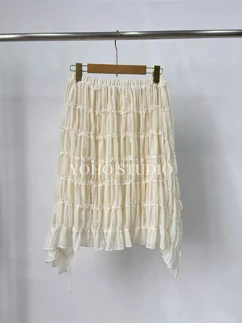 Korean 2026 Autumn Ruffled Solid Color Elastic Waist Midi Skirt