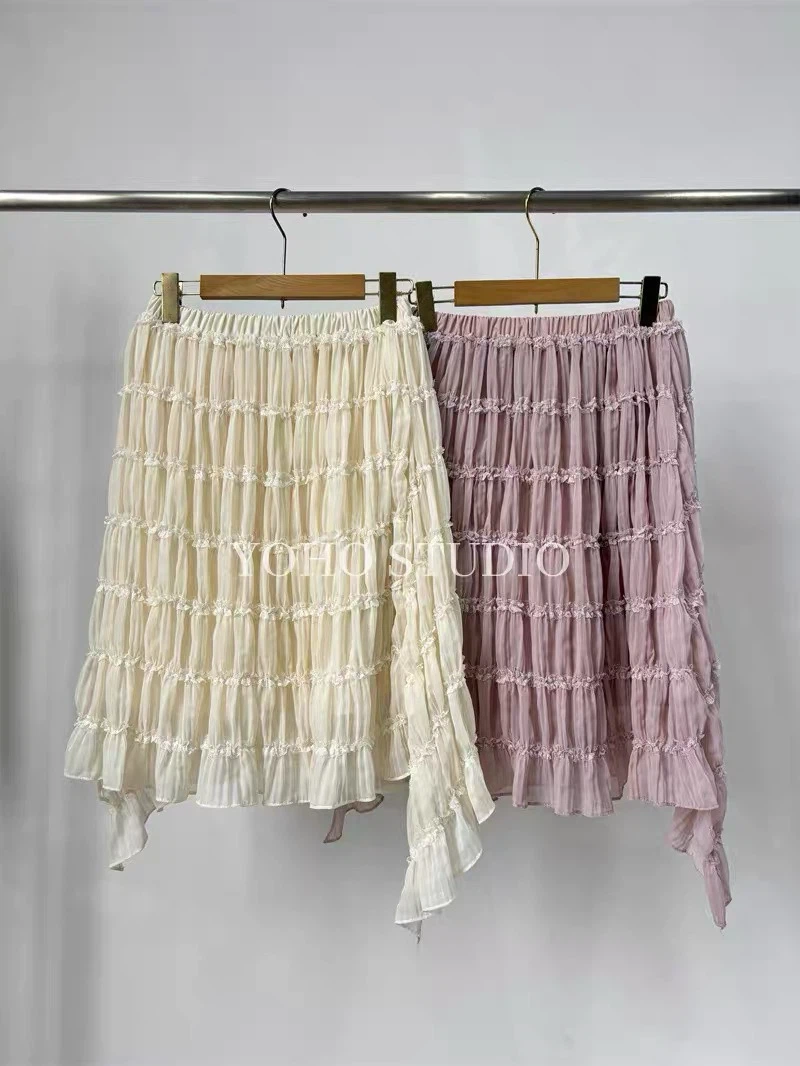Korean 2026 Autumn Ruffled Solid Color Elastic Waist Midi Skirt - photo 2