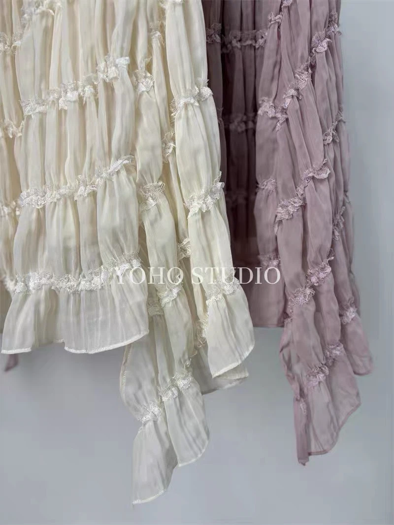 Korean 2026 Autumn Ruffled Solid Color Elastic Waist Midi Skirt - photo 3
