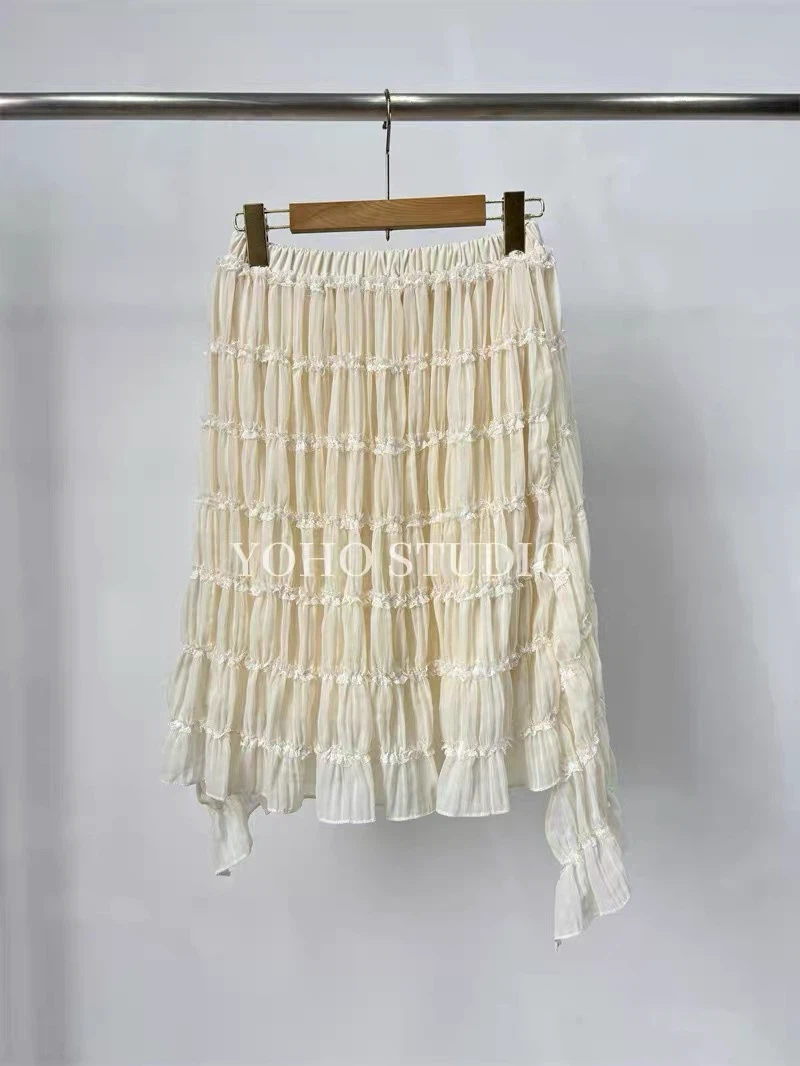 Korean 2026 Autumn Ruffled Solid Color Elastic Waist Midi Skirt - photo 4