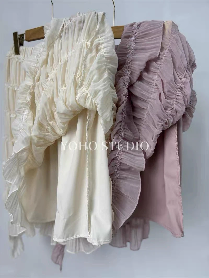 Korean 2026 Autumn Ruffled Solid Color Elastic Waist Midi Skirt - photo 5