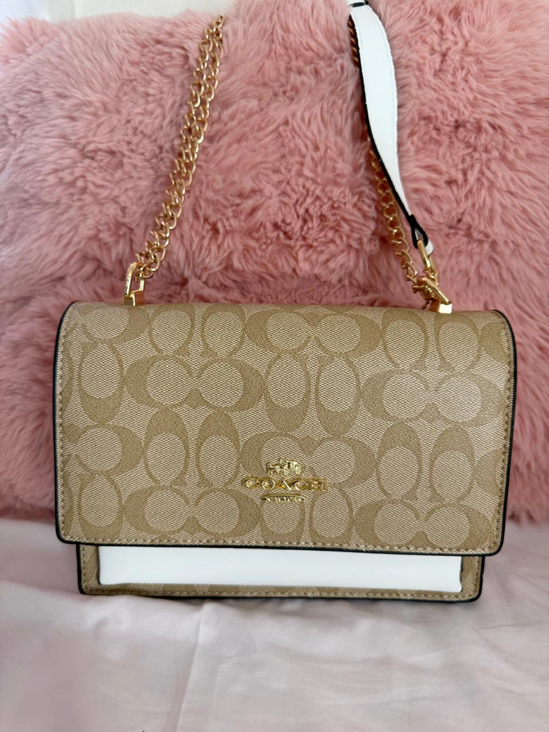 Coach Signature Tan and White Shoulder Bag