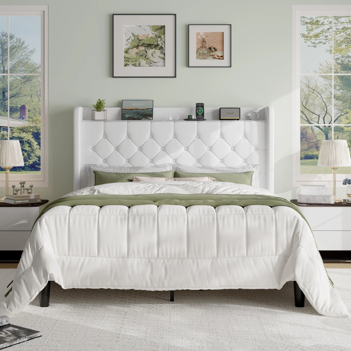 SHA CERLIN Queen Size Platform Bed Frame with Charging Station