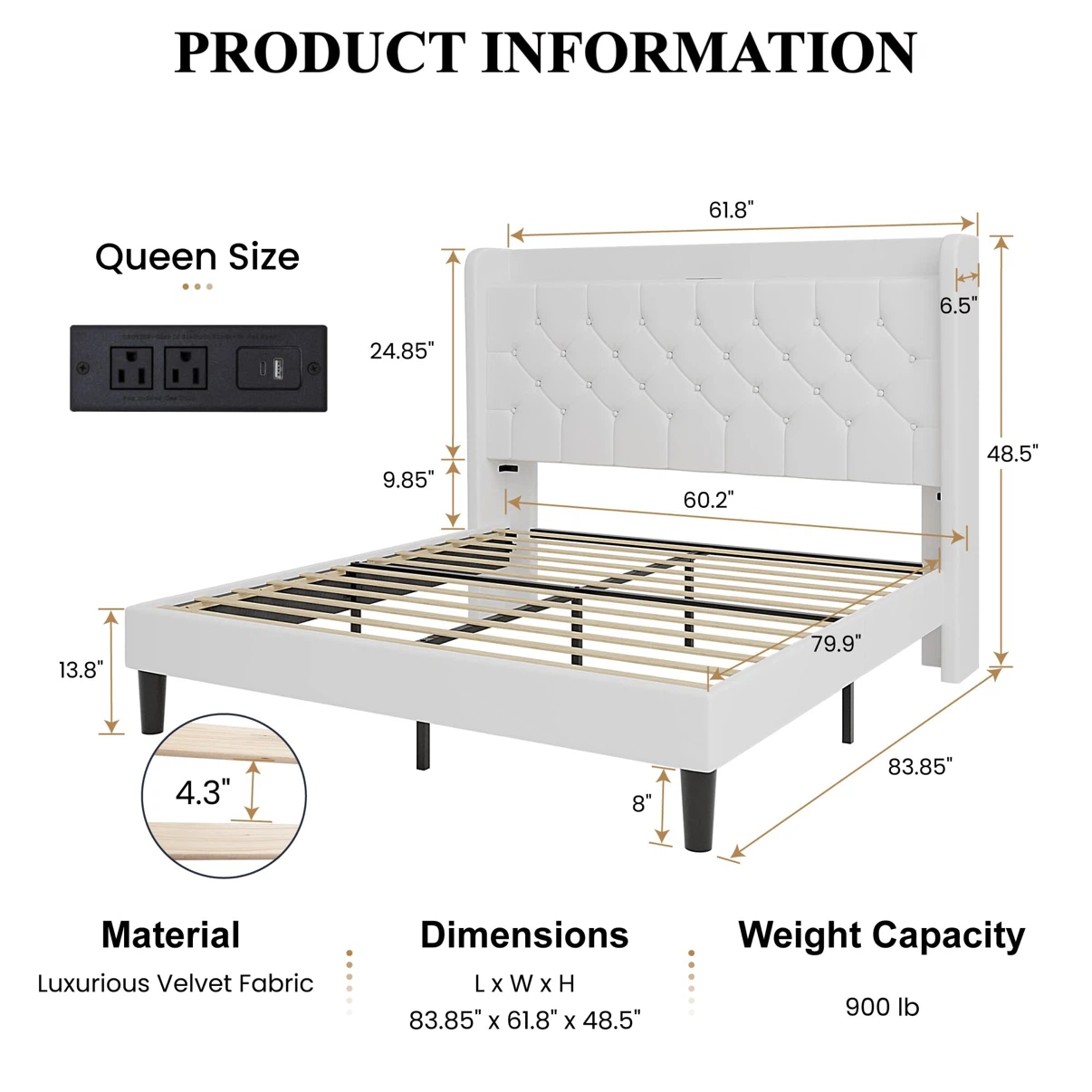SHA CERLIN Queen Size Platform Bed Frame with Charging Station - photo 2