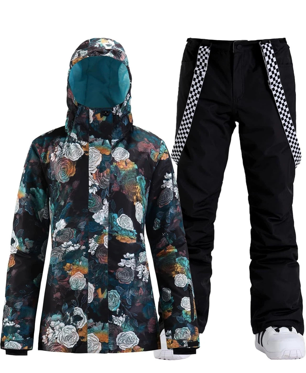 GSOU SNOW Snaining Floral Ski Jacket and Black Snow Pants Set