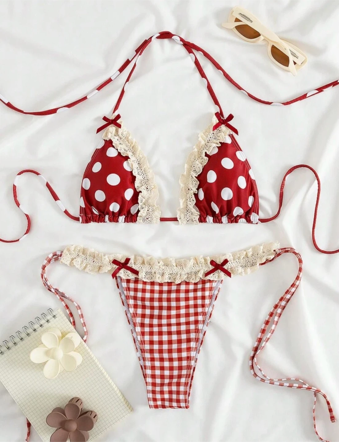 Red Polka Dot and Gingham Bikini Set