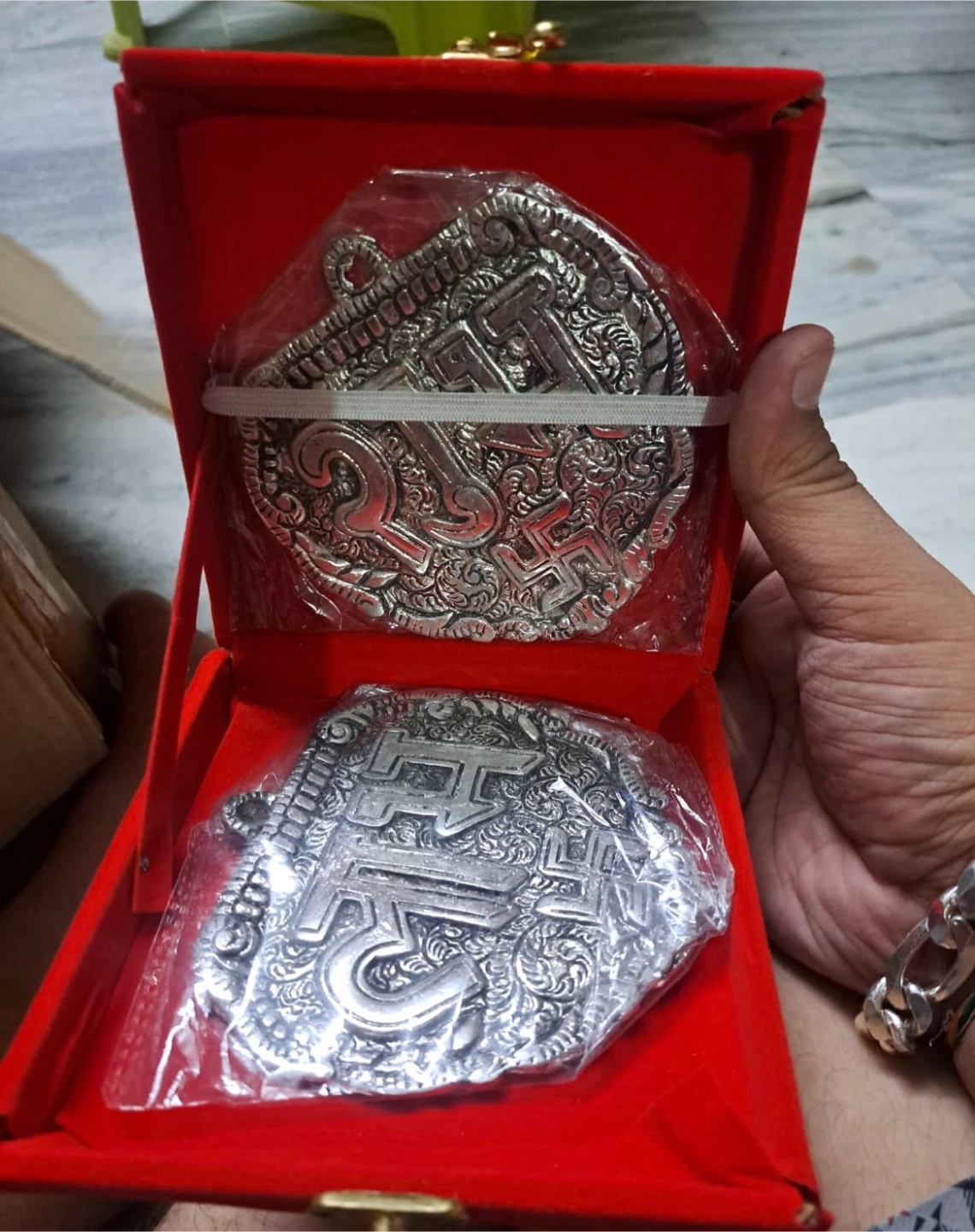 Set of two silver-plated Ganesh Lakshmi tokens