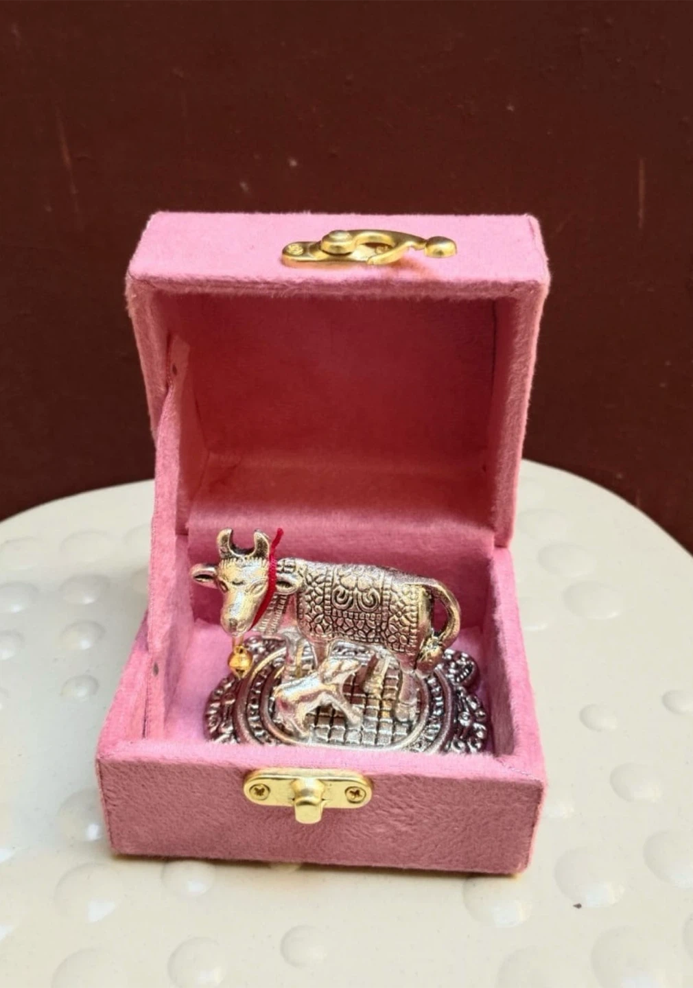 Silver-Tone Kamadhenu Cow and Calf Statue