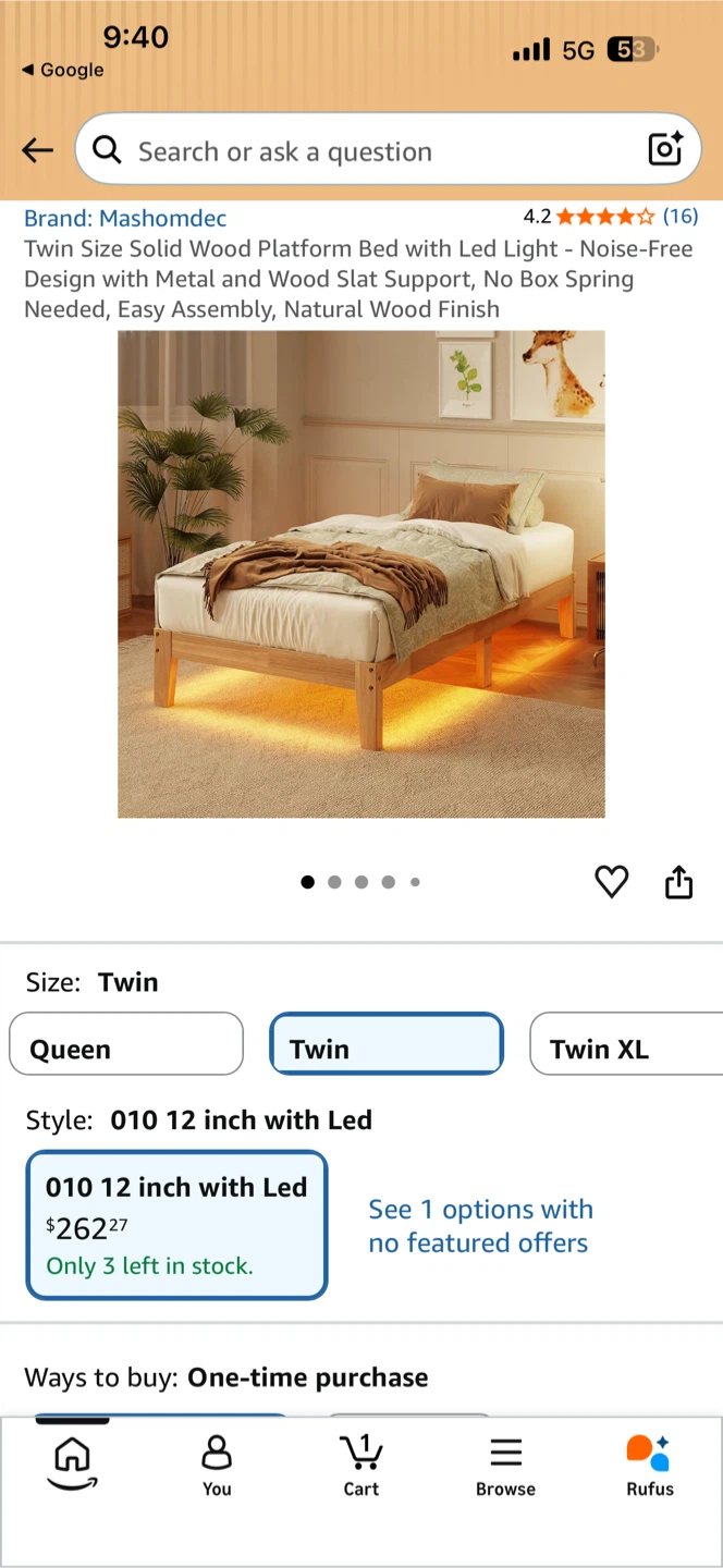 Mashomdec Twin Size Solid Wood Platform Bed with LED Light