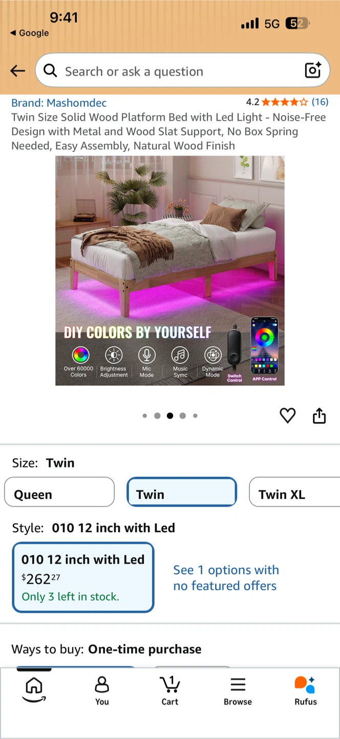 Mashomdec Twin Size Solid Wood Platform Bed with LED Light - photo 2