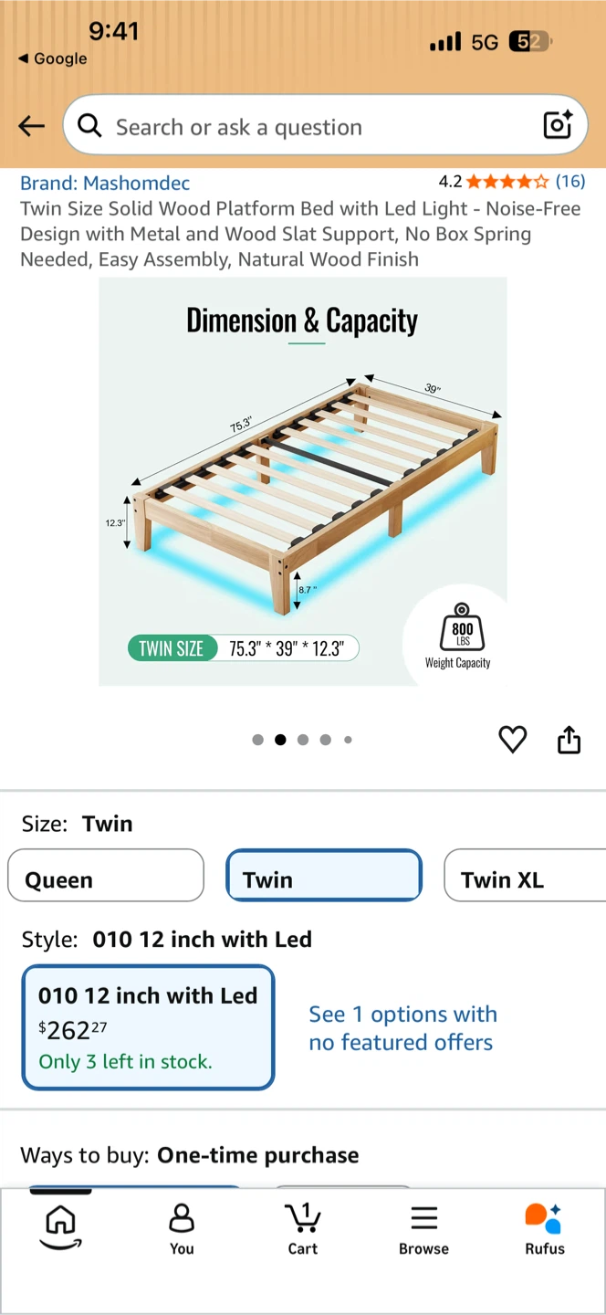 Mashomdec Twin Size Solid Wood Platform Bed with LED Light - photo 3