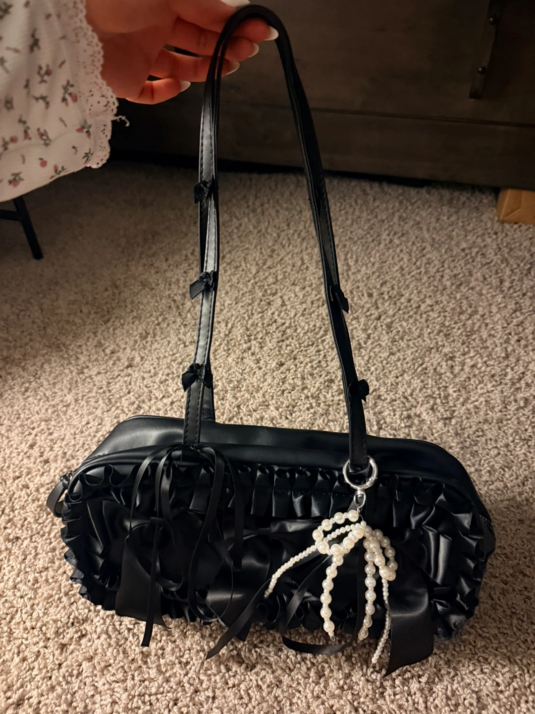 Black Ruffled Bow Shoulder Bag with Pearl Charm