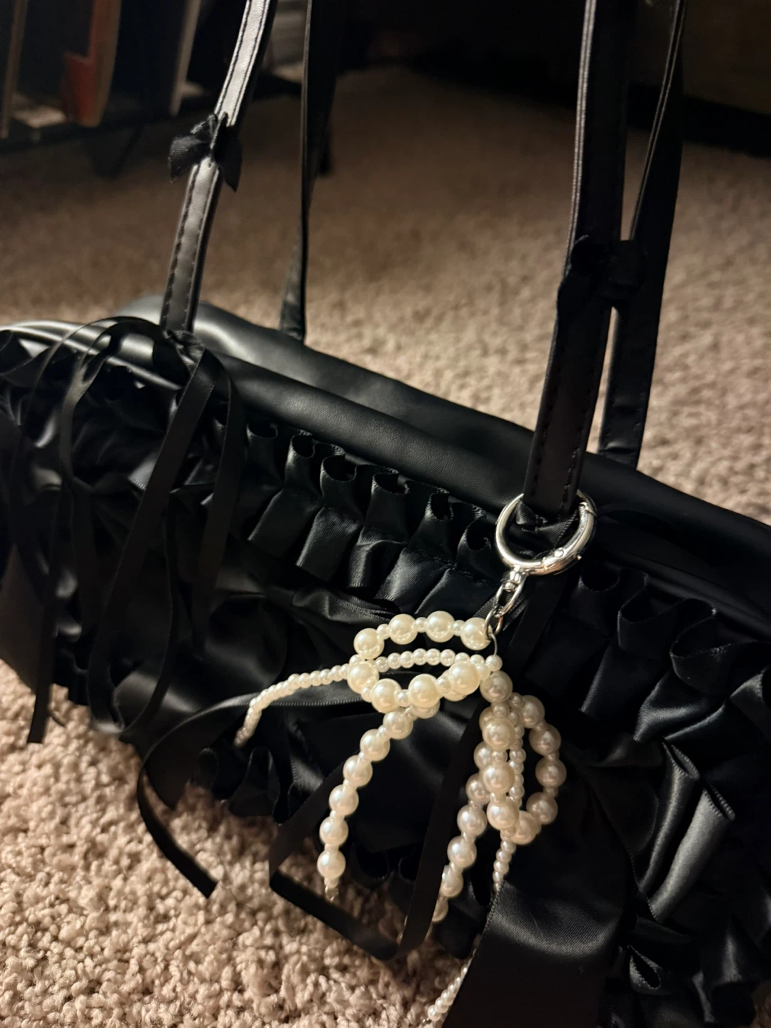 Black Ruffled Bow Shoulder Bag with Pearl Charm - photo 2