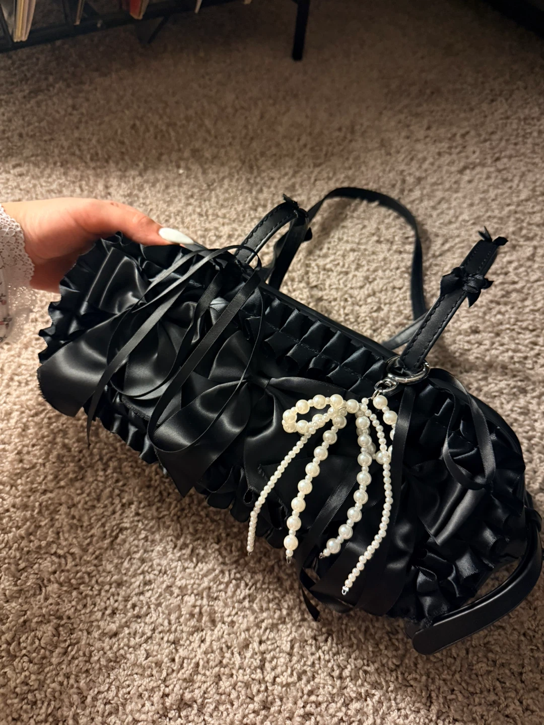 Black Ruffled Bow Shoulder Bag with Pearl Charm - photo 3