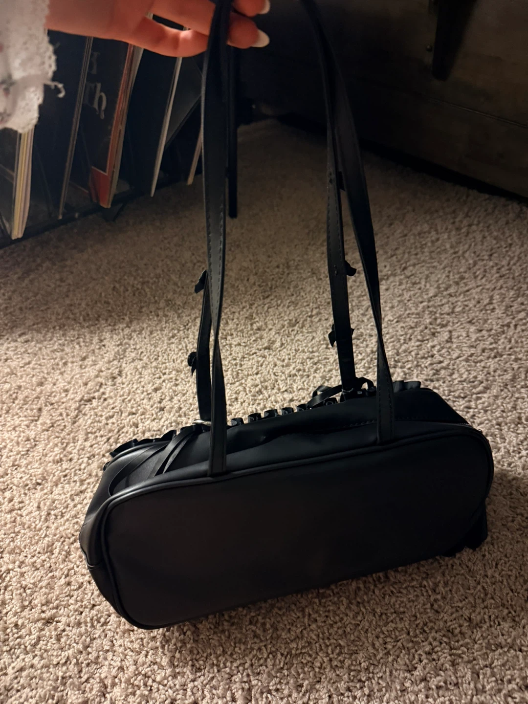 Black Ruffled Bow Shoulder Bag with Pearl Charm - photo 5