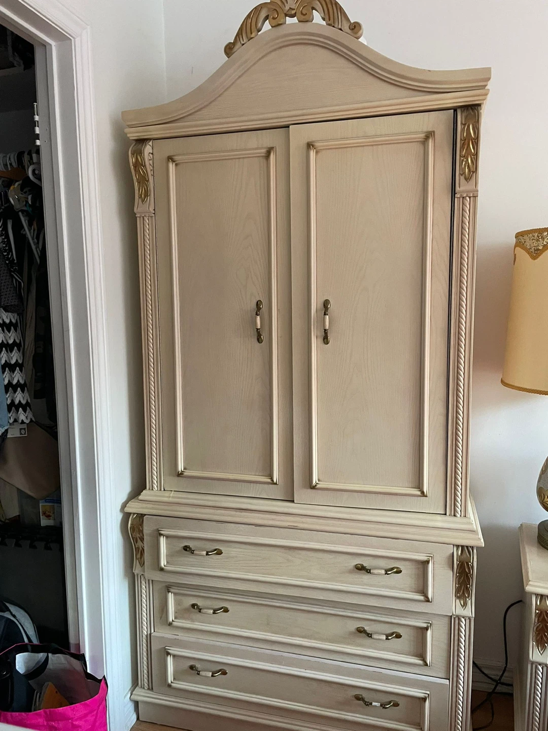 Vintage Cream and Gold Armoire and Nightstand