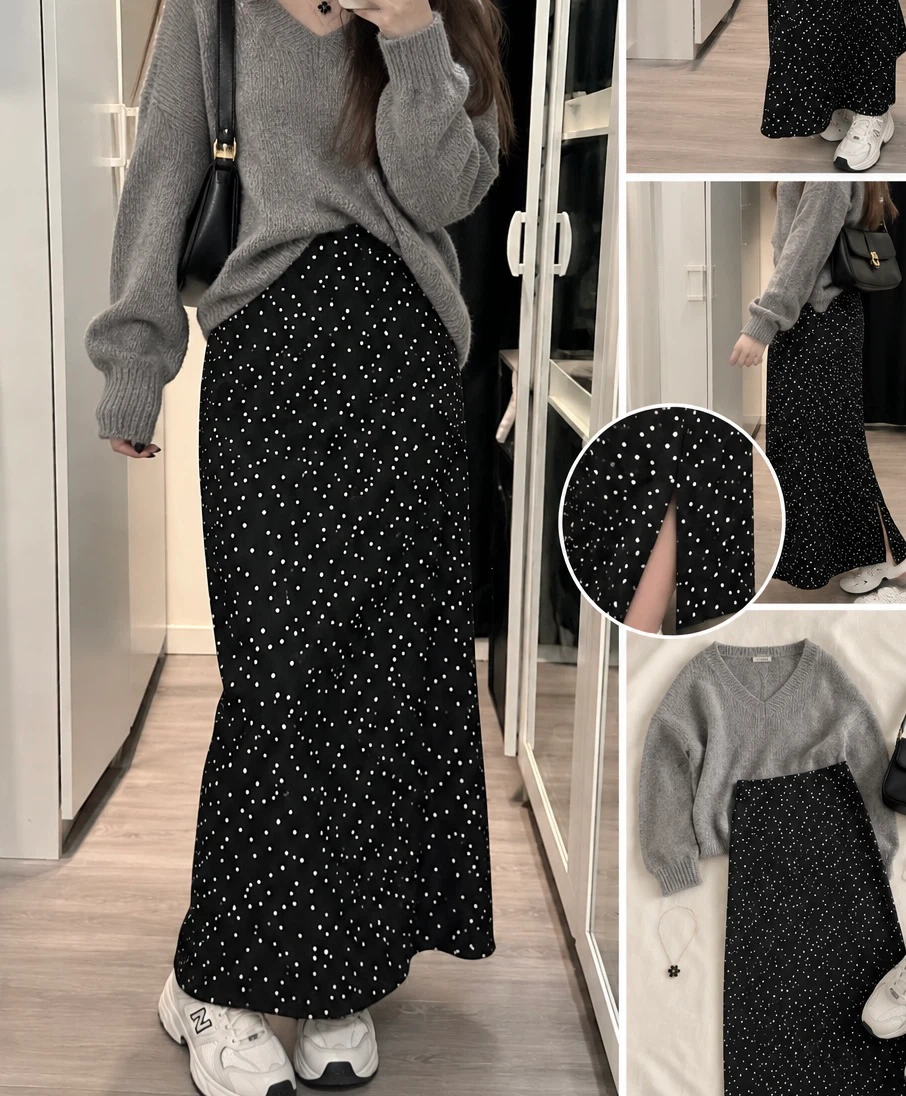 Black Polka Dot Midi Skirt
