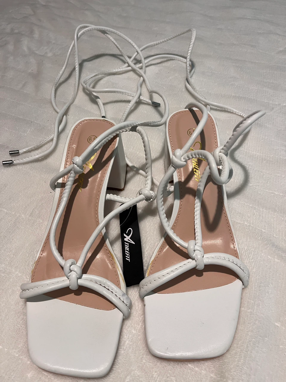 Athlefit White Lace-Up Block Heel Sandals Size 6.5