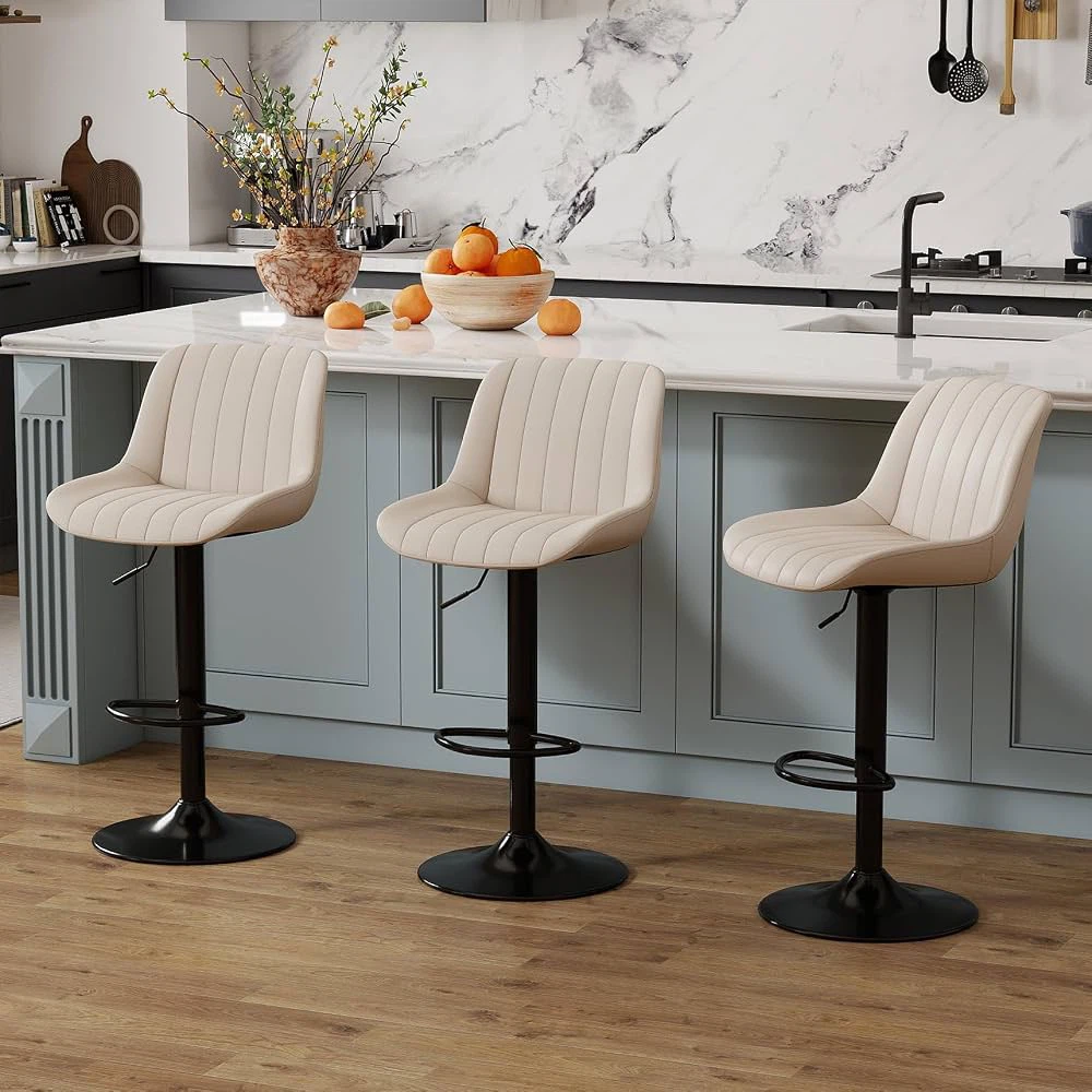 New Adjustable Faux Leather Bar Stools Set of 3, Beige