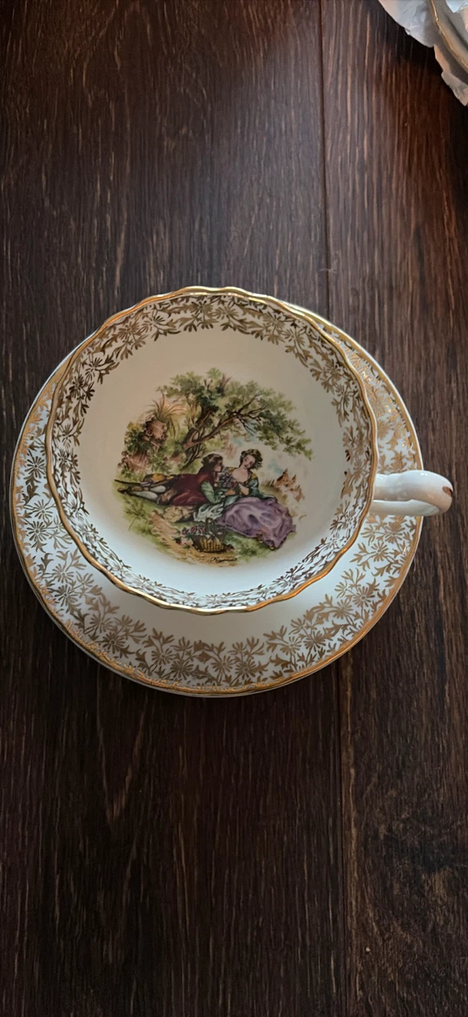 Vintage Bone China England Courting Couple Teacup and Saucer Set