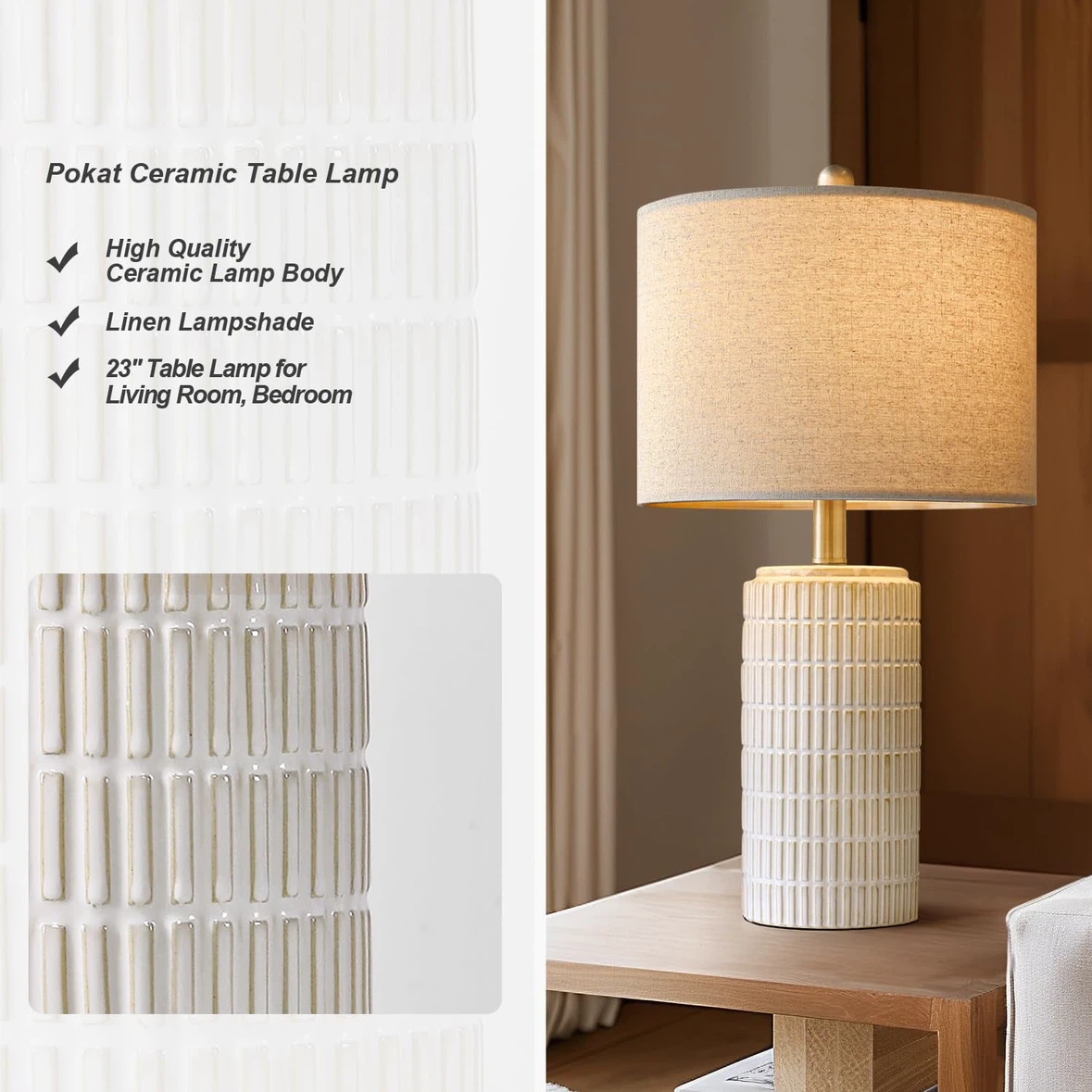 New 23" Modern Ceramic Table Lamp Set of 2,  Beige - photo 5