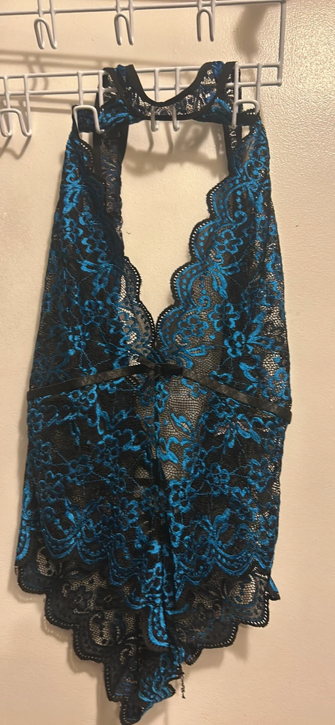 Blue and black lace halter bodysuit