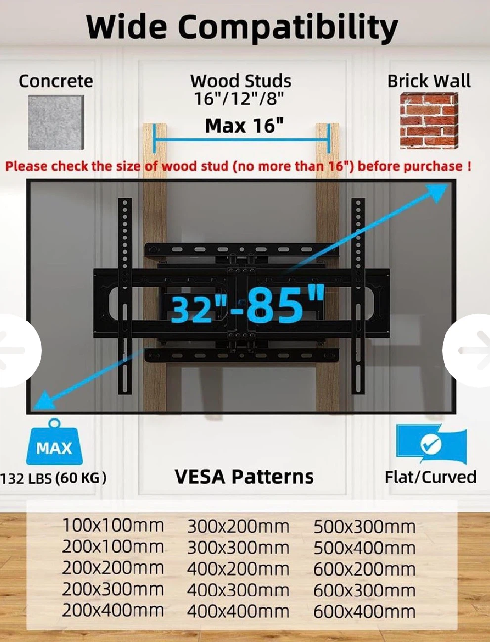 Full Motion HOME VISION TV Wall Mount for 32-85" TVs - photo 2