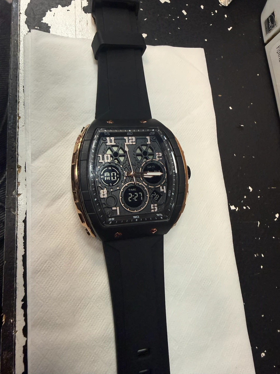 Black and Rose Gold Analog-Digital Watch