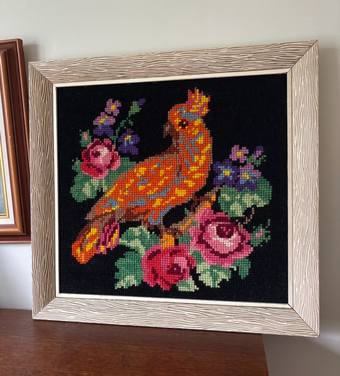 Vintage Crested Bird Cross Stitch Framed Art