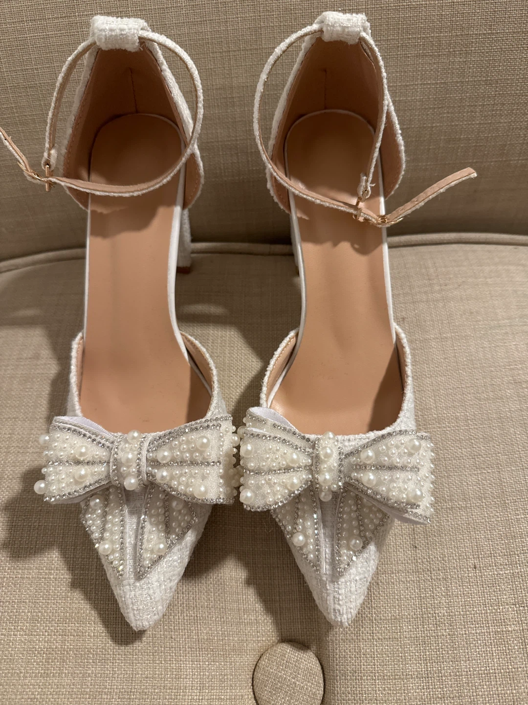 White Pearl Bow Ankle Strap Block Heels