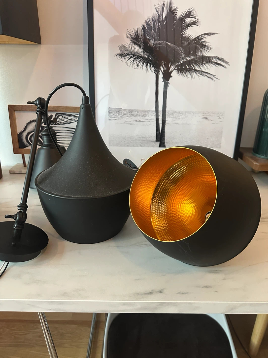 2 VINTAGE MCM STYLE BLACK GOLD PENDANT CEILING LIGHTS LAMP