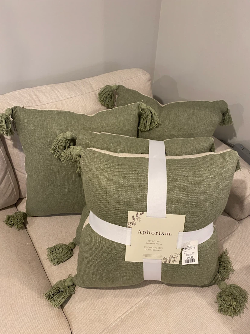 NEW Sage Green and Beige Two Toned Throw Pillows x2