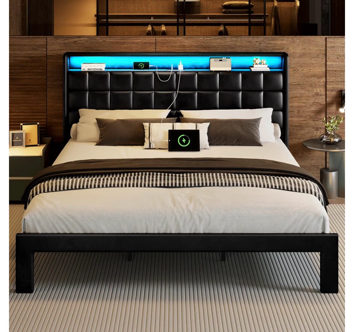 Black Leather Upholstered LED Bed Frame - photo 2