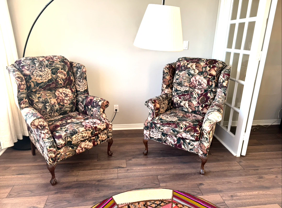 Two Vintage Floral Wingback Chairs