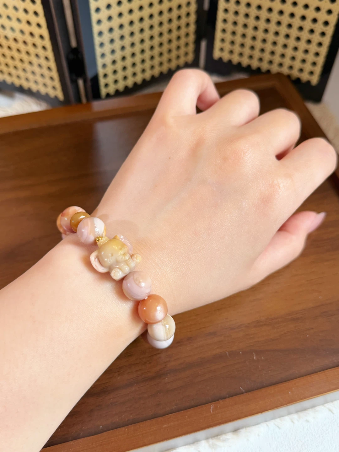 Alashan Agate natural stone beaded bracelet with elephant charm - photo 2