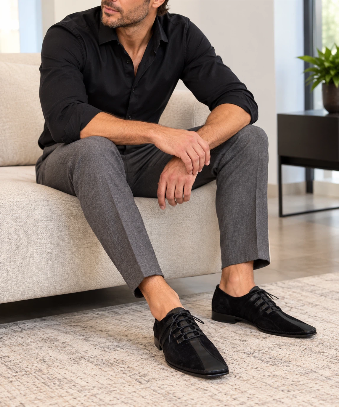 Lanqier Men's Black Suede Shoes Italy Design