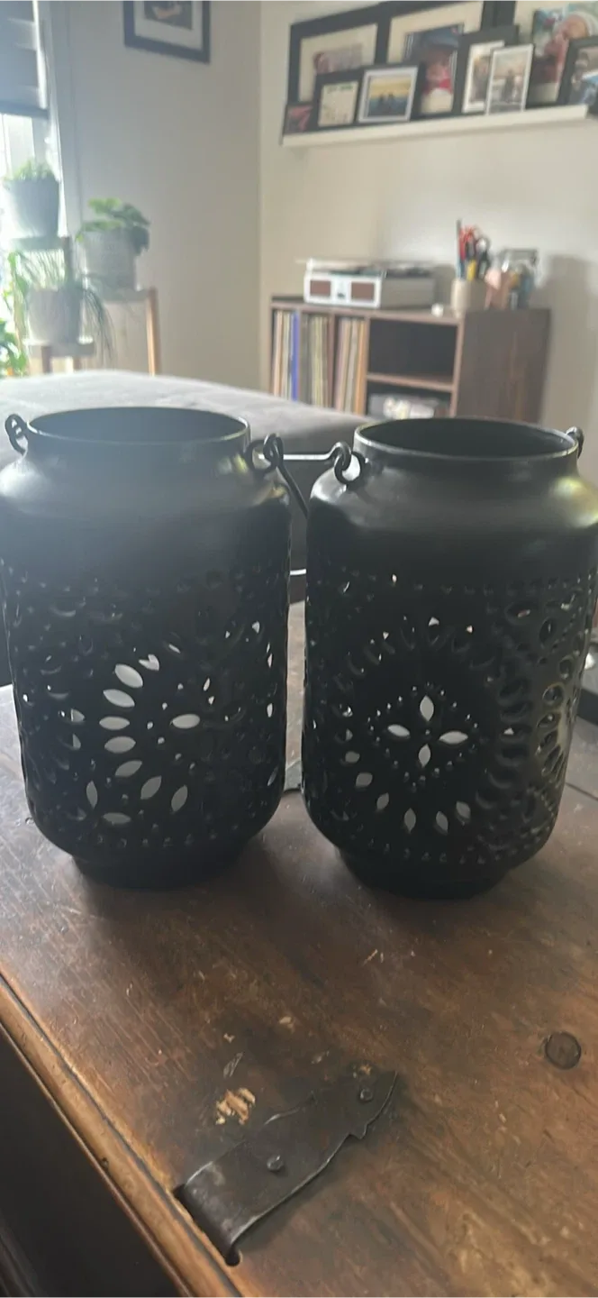 Set of two black metal lanterns