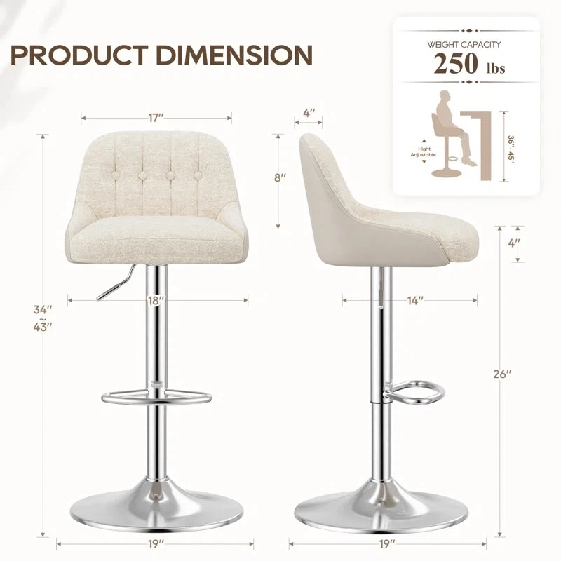Adjustable Tufted Swivel Bar Stools, Beige