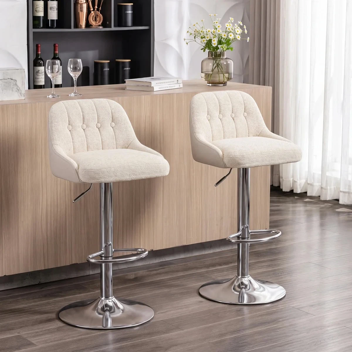 Adjustable Tufted Swivel Bar Stools, Beige - photo 2