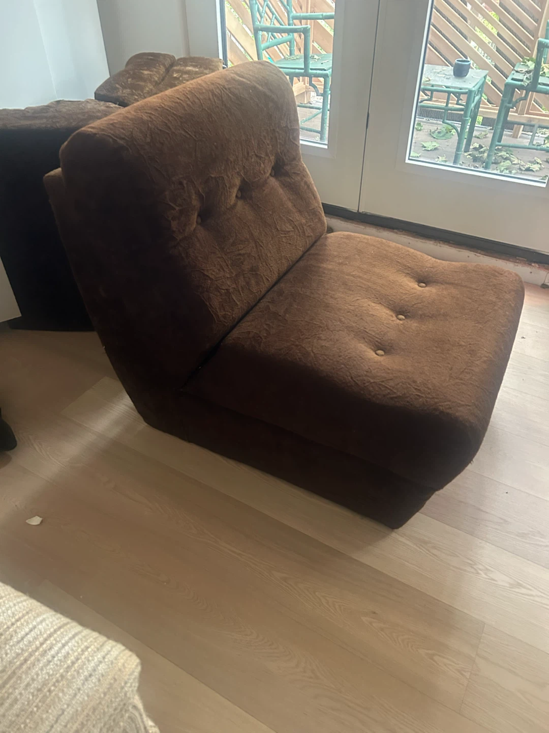 2 MCM brown velour fold out to bed chairs