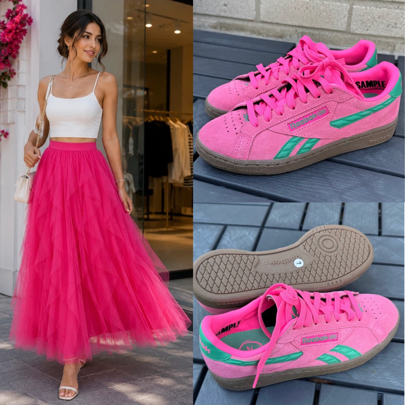 Pink set skirt+ Reebok Pink and Suede Sneakers