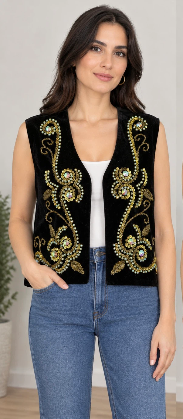 Black Velvet Sequin Vest hand made