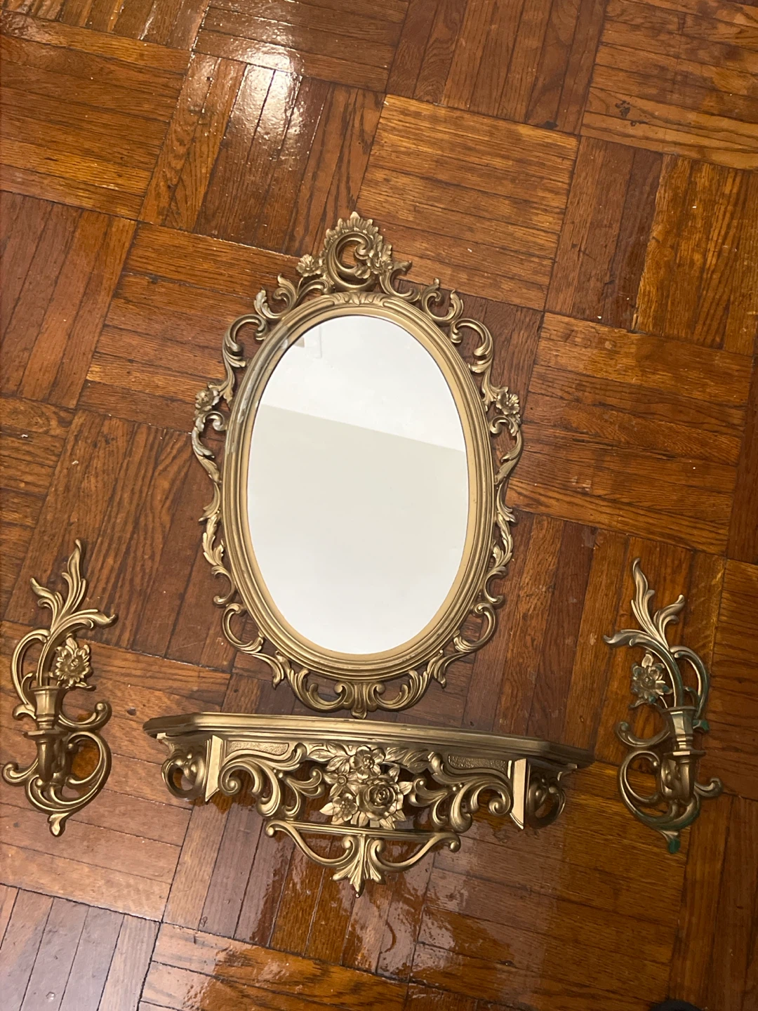 Vintage Ornate Gold Wall Mirror and Shelf Set
