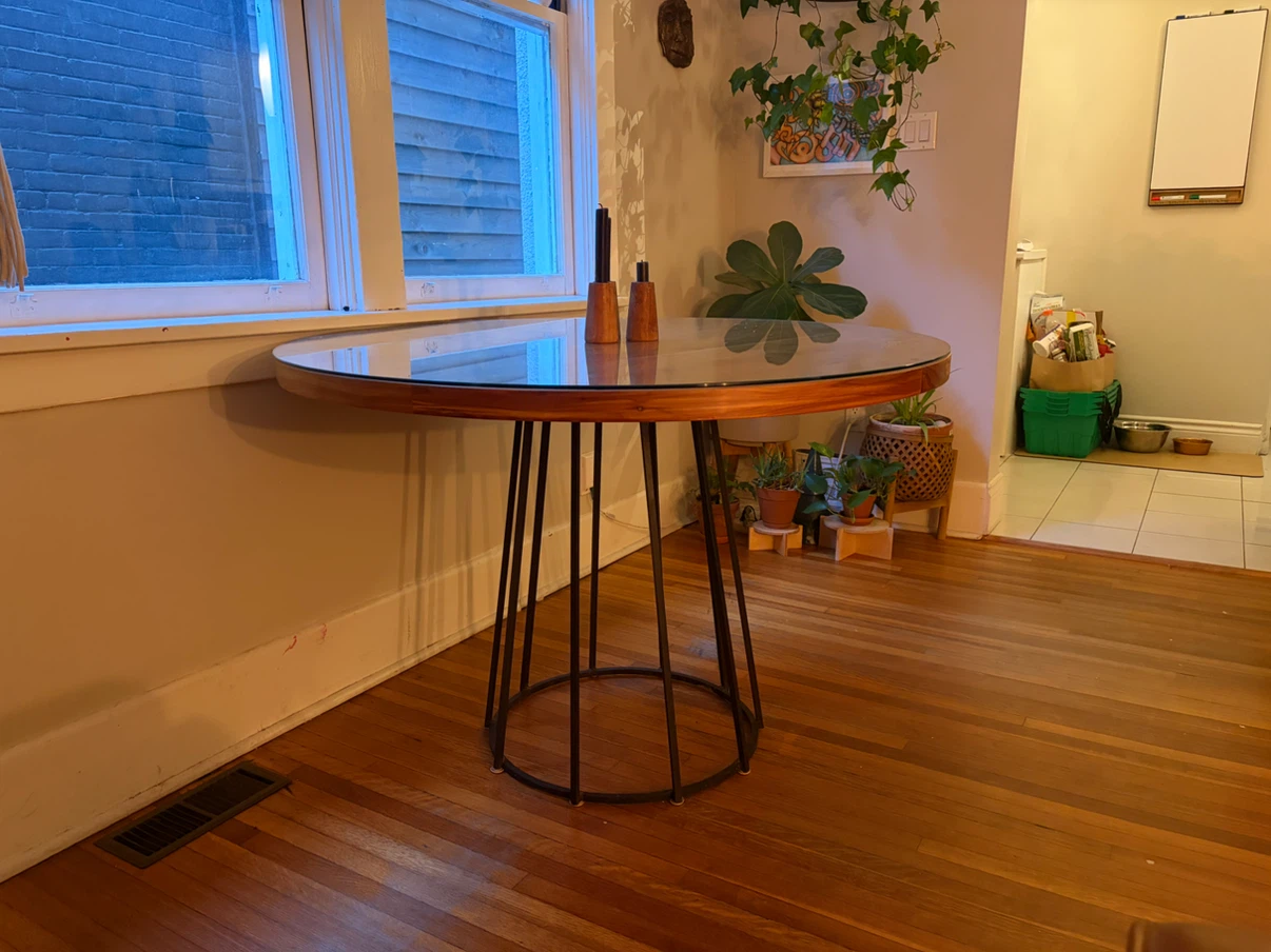 Round wooden dining table with glass top - photo 2