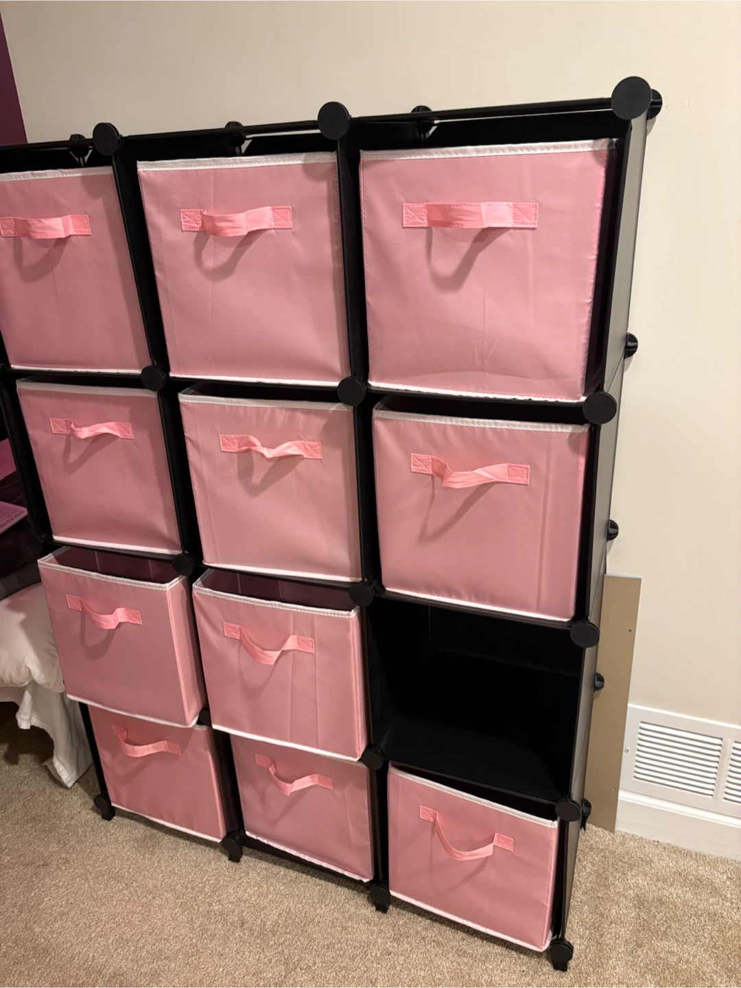 Modular Storage Shelf with Pink Fabric Bins