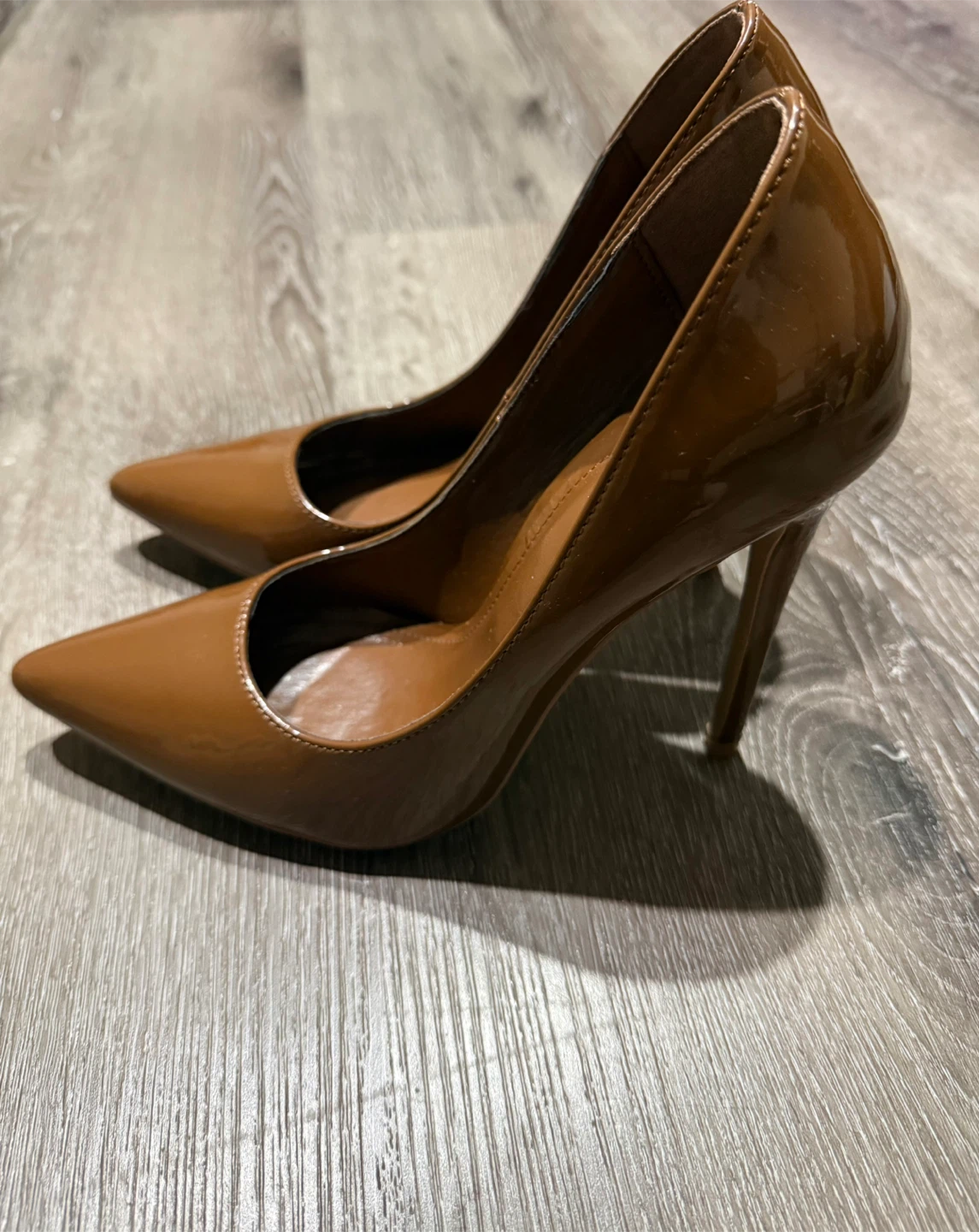 Miss Lola brown patent stiletto pumps